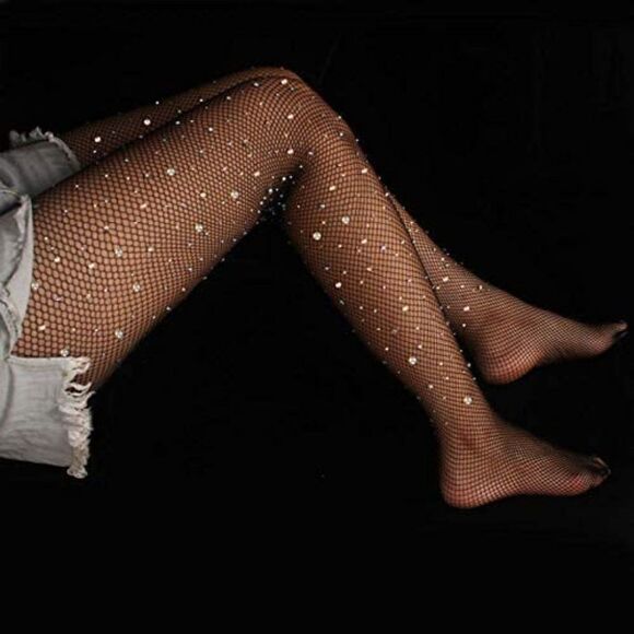 Rhinestone Fishnet Tights Sexy Sparkling Shiny Party Stretchy Mesh Stockings NEW - Picture 8 of 13